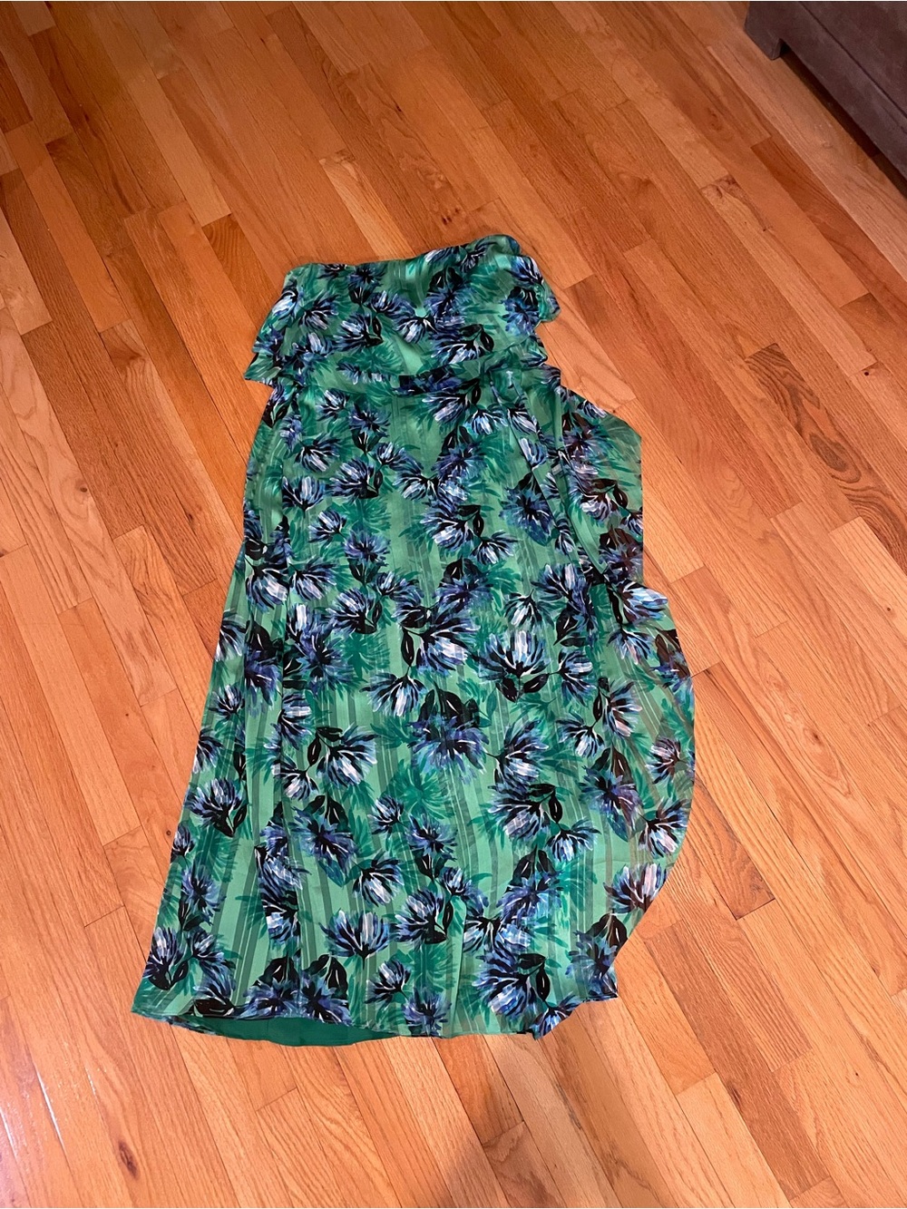 Green Floral Pleated strapless gown